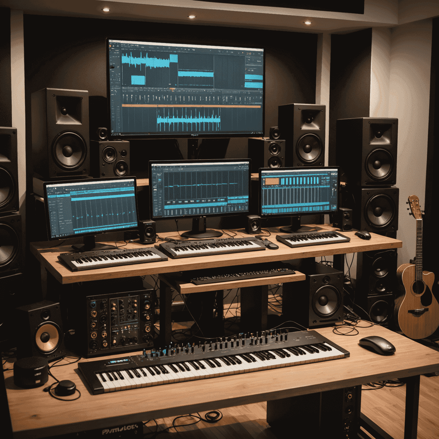 A professional music studio setup with various instruments, mixing console, and computer running Krita-inspired digital audio workstation