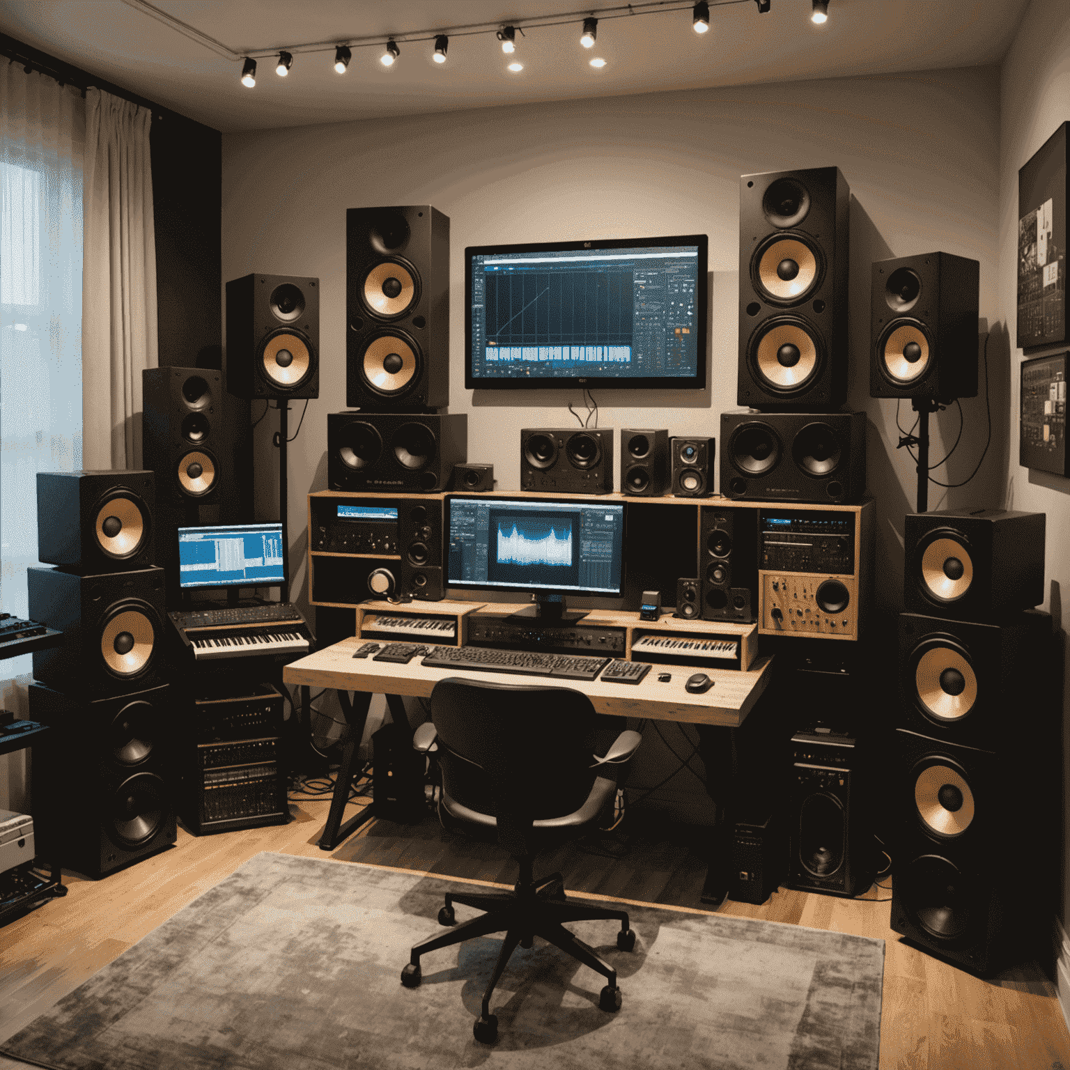 A modern music production studio with various digital audio workstations, MIDI controllers, and high-end monitors. The studio has a Krita-inspired digital art piece on the wall, showcasing the fusion of visual and audio creativity.