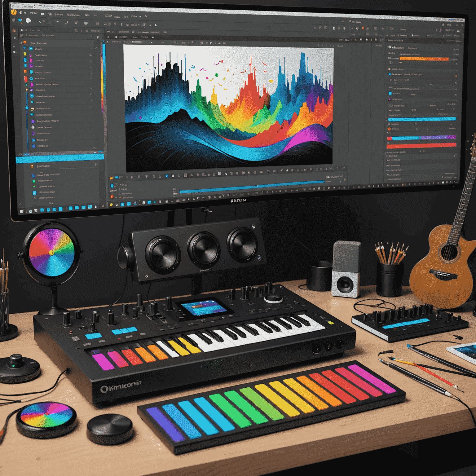 A digital art workspace showing Krita software interface with music production tools integrated. The image displays a colorful digital painting of musical instruments being created alongside audio waveforms.