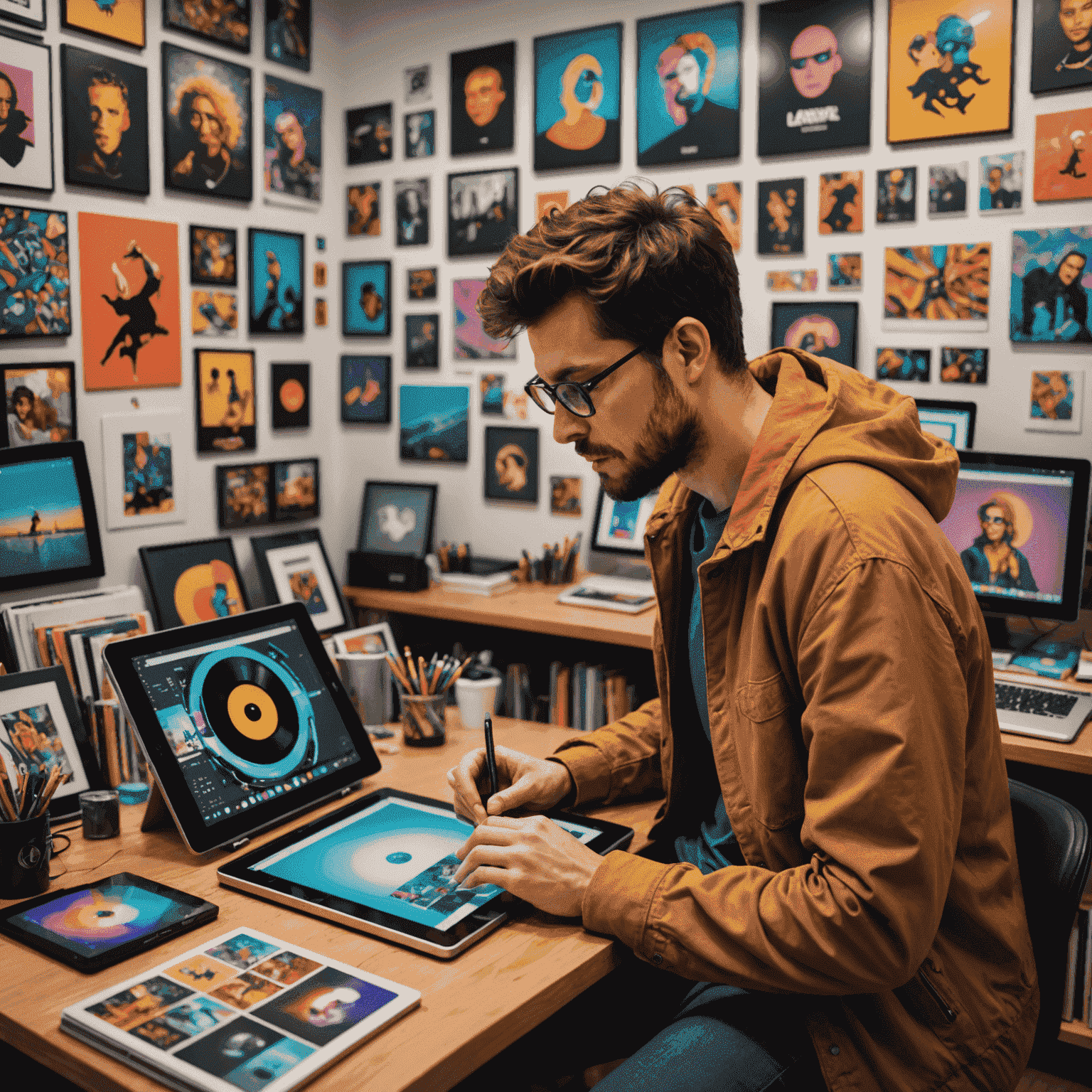 An artist creating digital artwork on a tablet using Krita-like software, surrounded by vibrant album covers and promotional materials