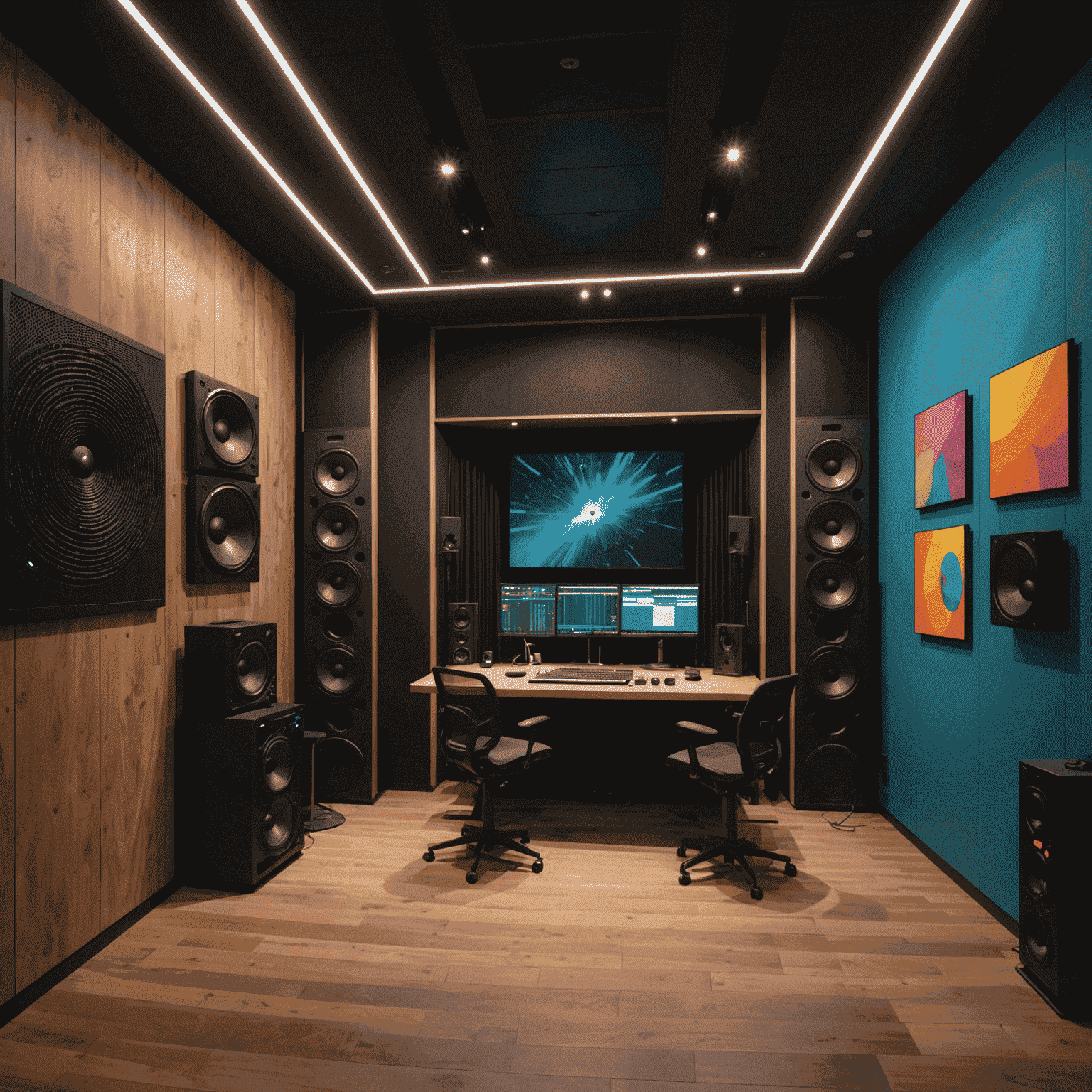 A state-of-the-art recording booth with acoustic treatment. The walls are adorned with Krita-inspired digital art pieces that change colors in response to the music being recorded, creating an immersive and inspiring environment for artists.