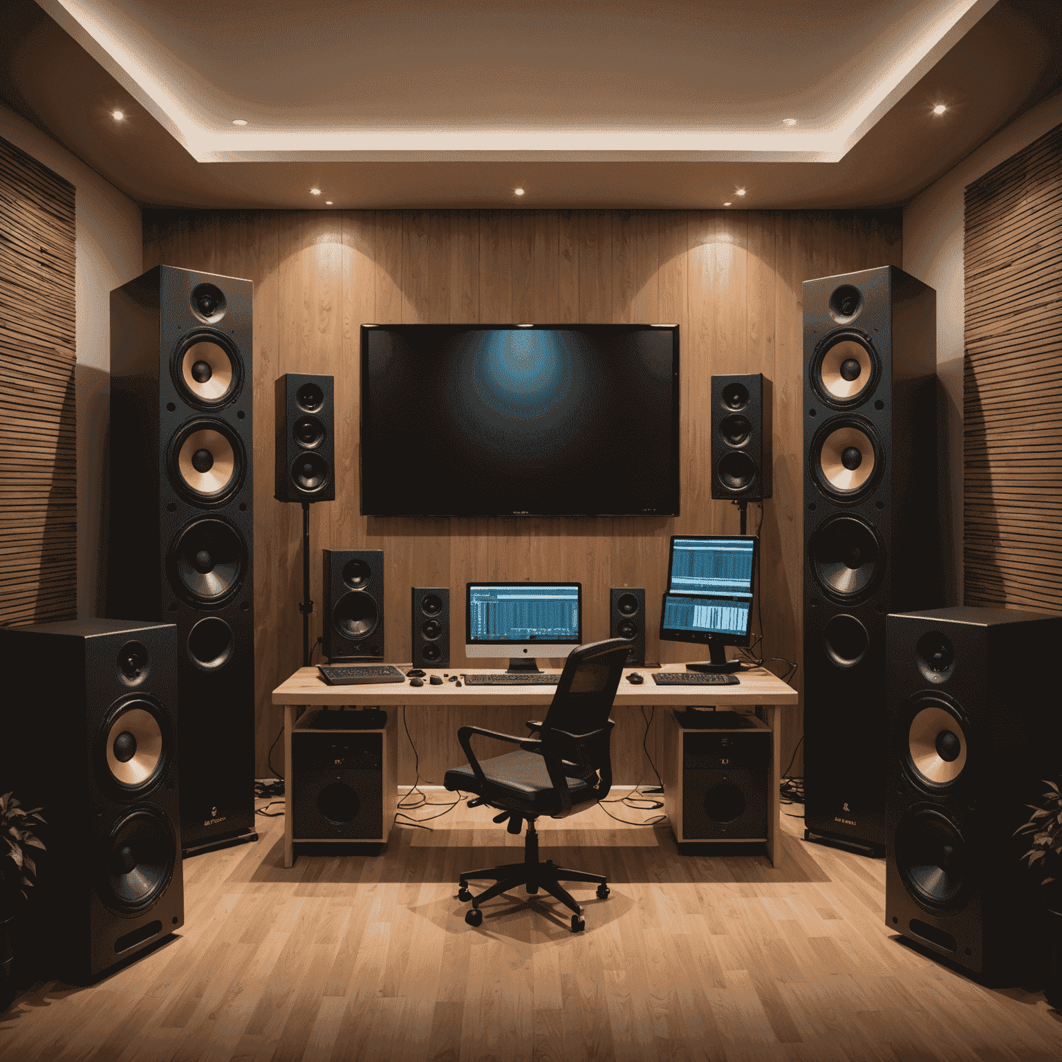 Professional audio mastering setup with high-end speakers and acoustic treatment, symbolizing the final touch given to Krita-inspired music