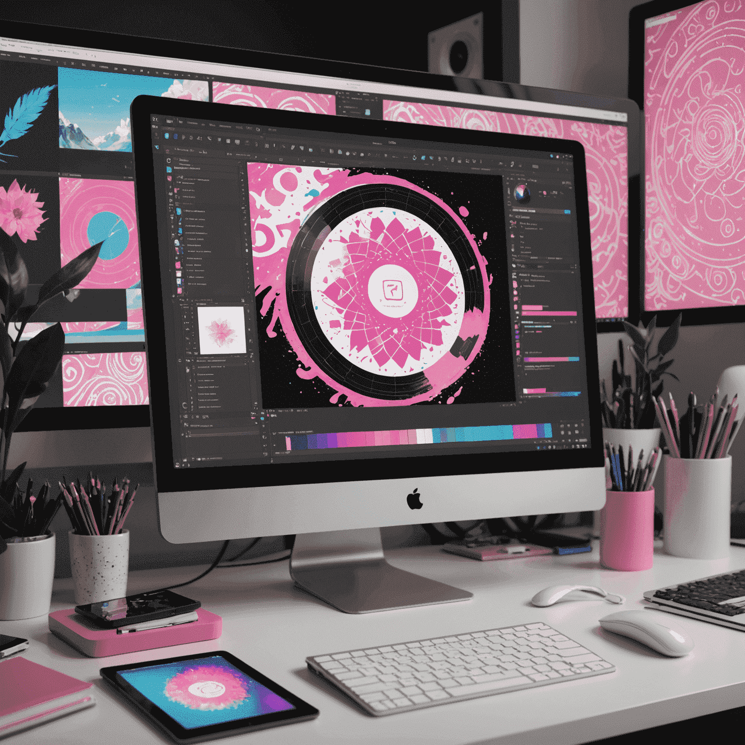 A digital artist's workspace showcasing Krita software on a computer screen. The screen displays a work-in-progress music visualization with vibrant pink and white patterns. Various digital drawing tablets and audio equipment are visible around the workspace.