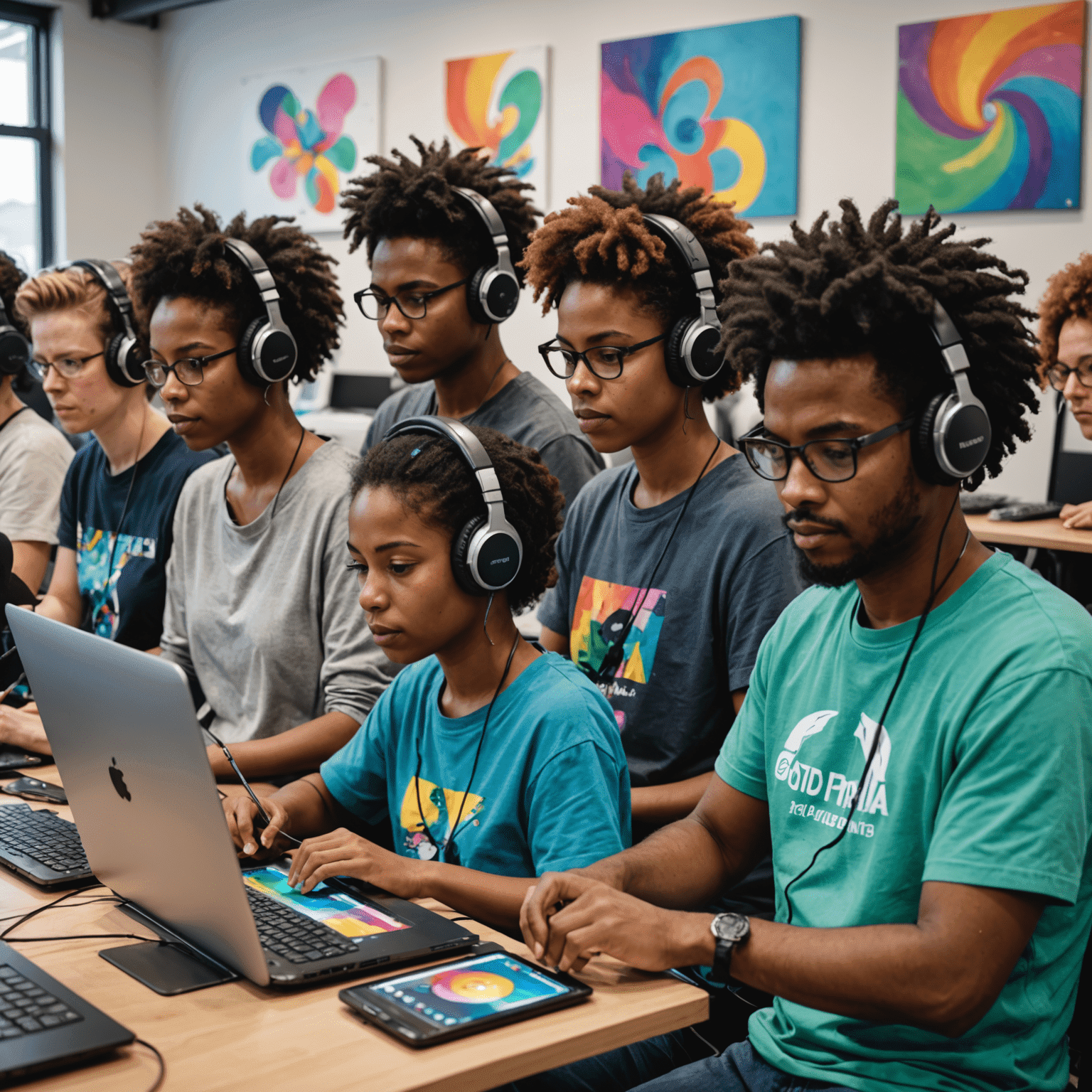 A diverse group of participants engaged in a Krita Music Workshop. They are seated at workstations with digital drawing tablets and headphones, creating colorful digital art inspired by music.