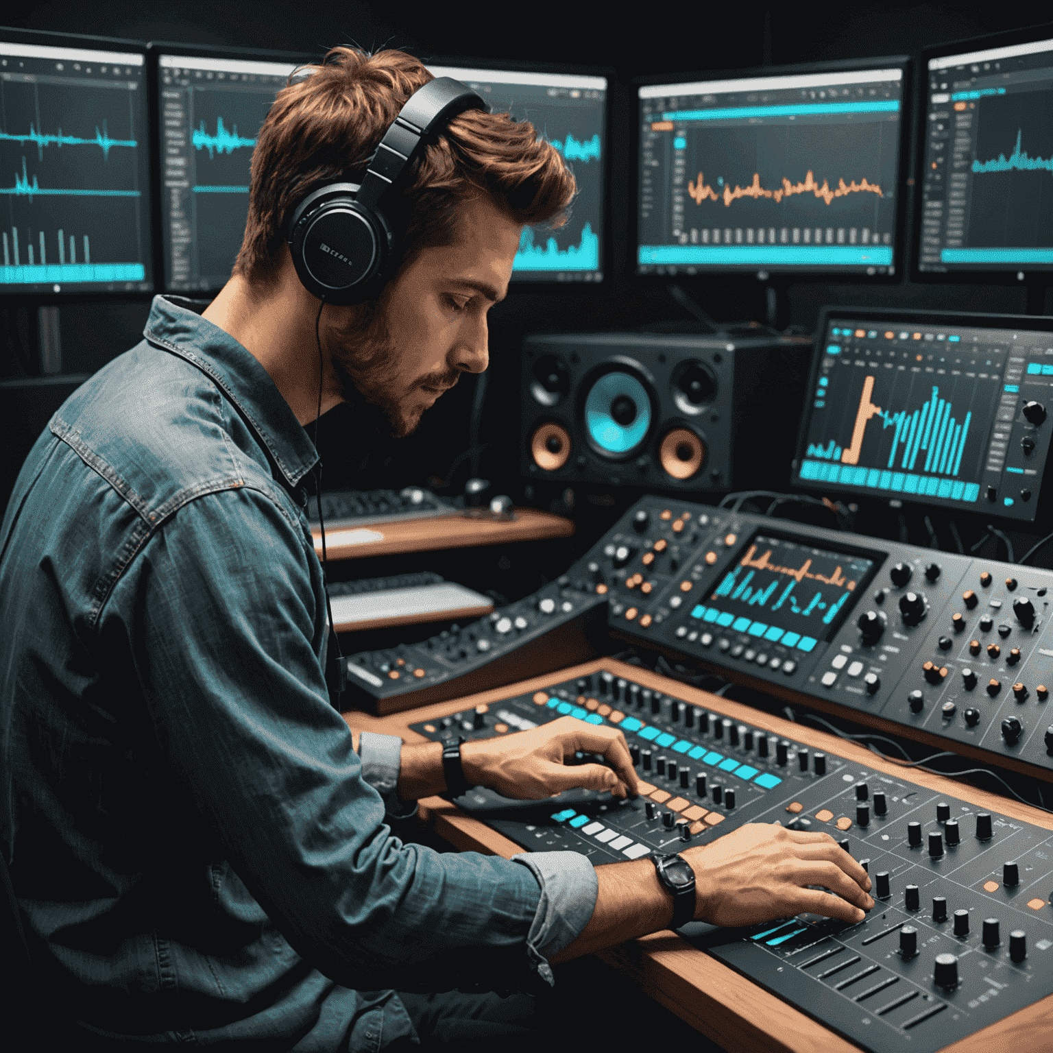 A sound engineer working on audio mixing and mastering using professional equipment and Krita-inspired interface