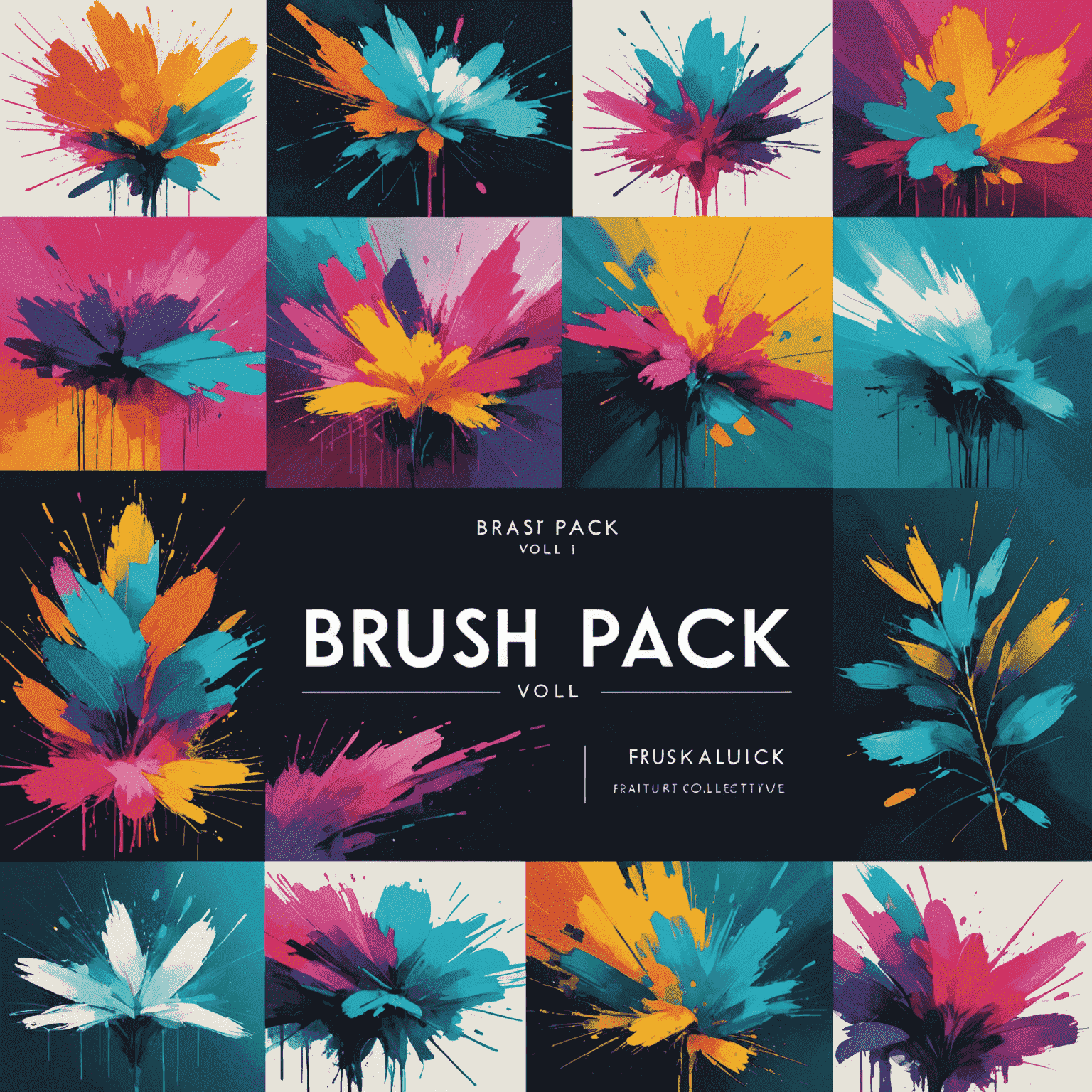 Compilation album cover for Brush Pack Vol. 1 by Krita Collective featuring various artistic brush strokes in vibrant colors