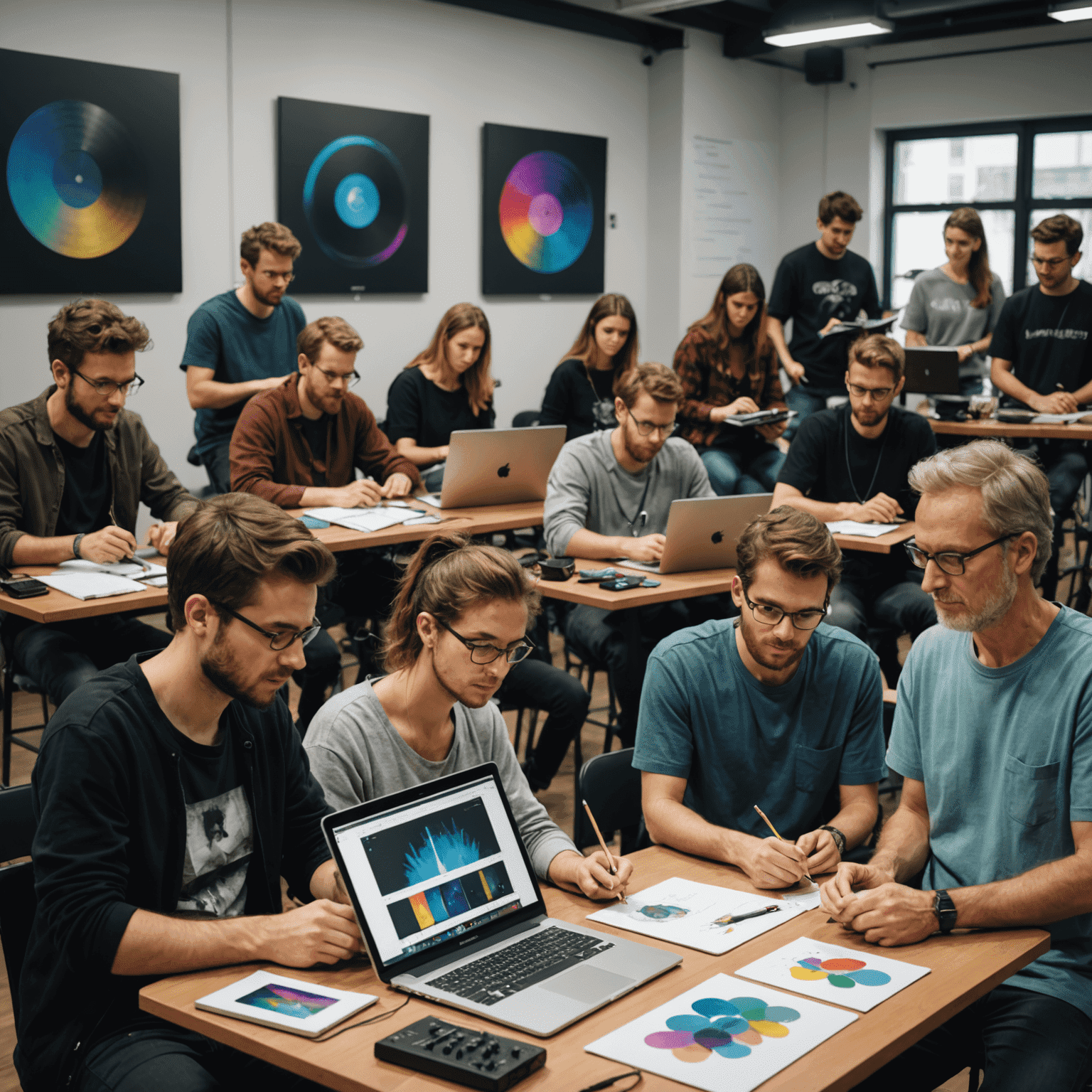 A group of people attending a workshop, learning to use Krita for music-related digital art on computers and tablets